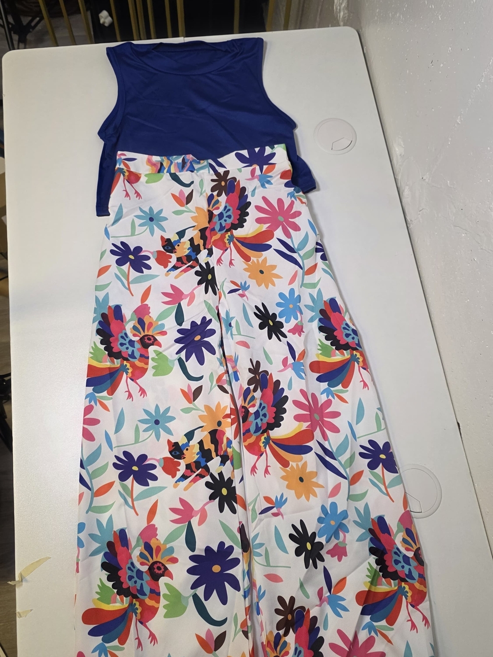 Blue Crop Tank with Multicolor Floral Wide Leg Pants